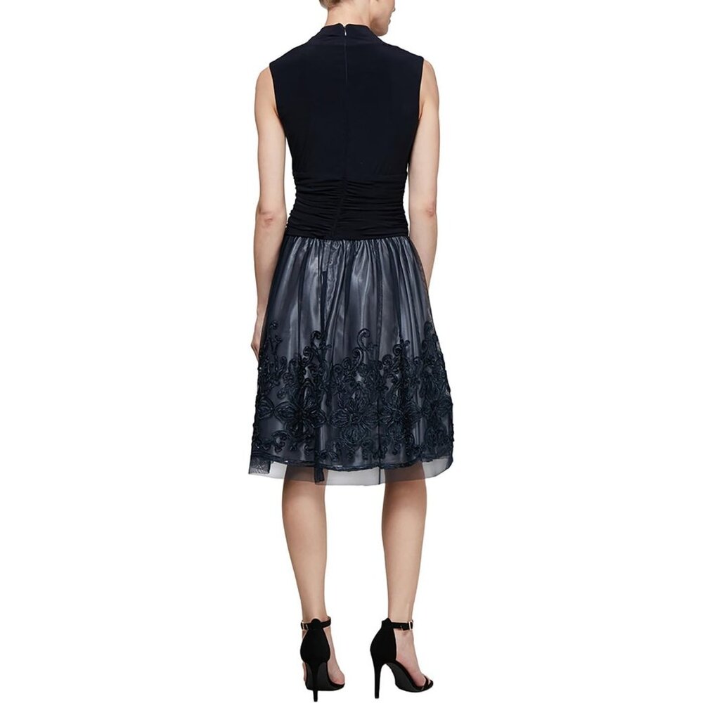 SLNY Missy Blue Fit & Flare Cocktail Party Dress Sleeveless Navy Size 6 Stretch - Picture 3 of 16